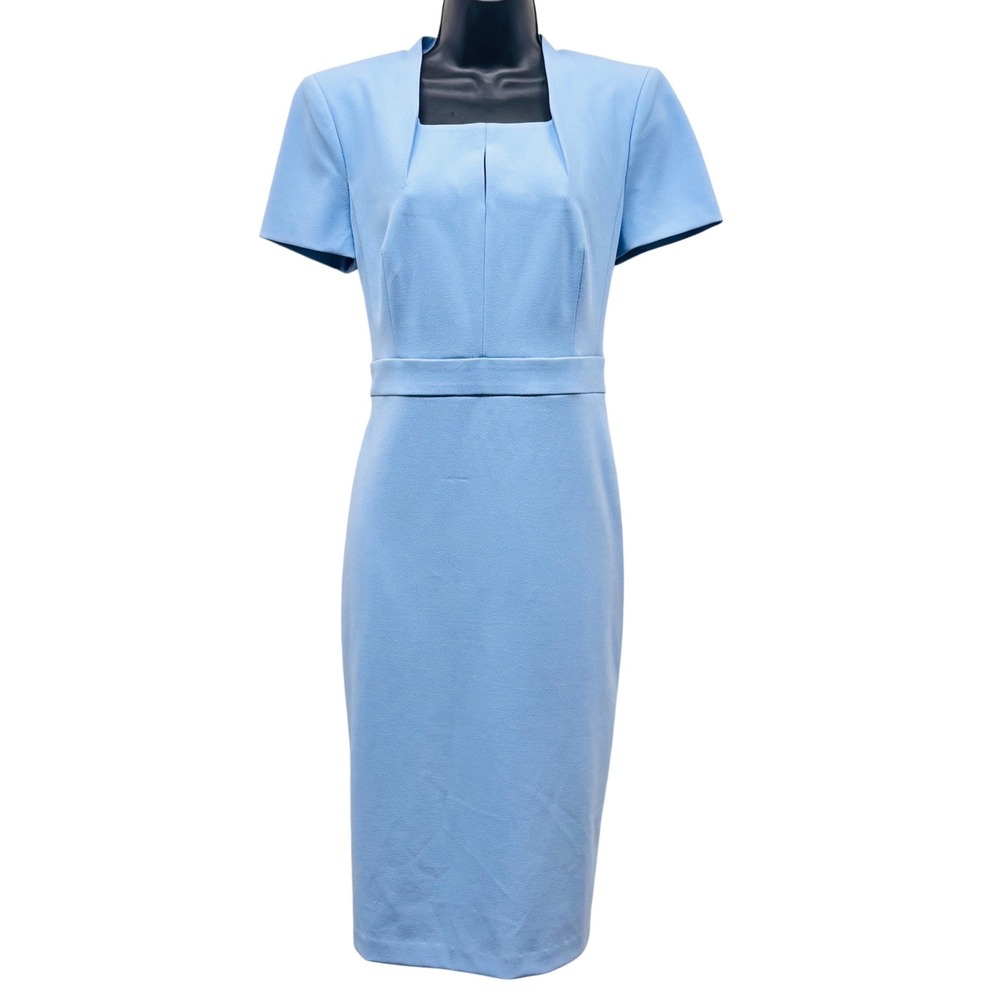Light Blue Short-Sleeve Sheath Dress with Square Neck